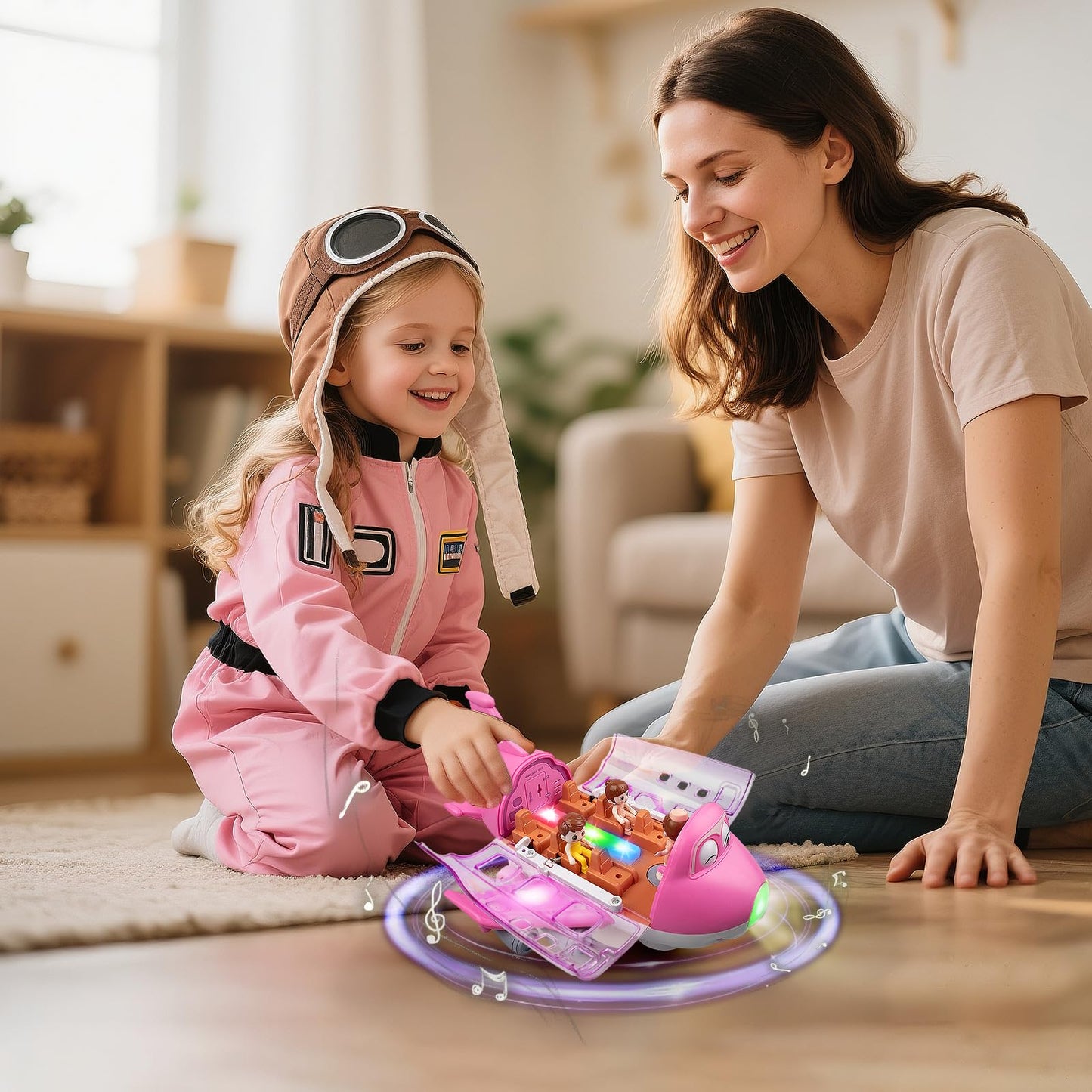 victob Pink Airplane for Toddler 1-3-5, Bump and Go Action Toy Airplane with LED Flashing Lights & Sounds, Birthday Gifts for Boys Girls Ages 4-8 Year Olds (Pink)