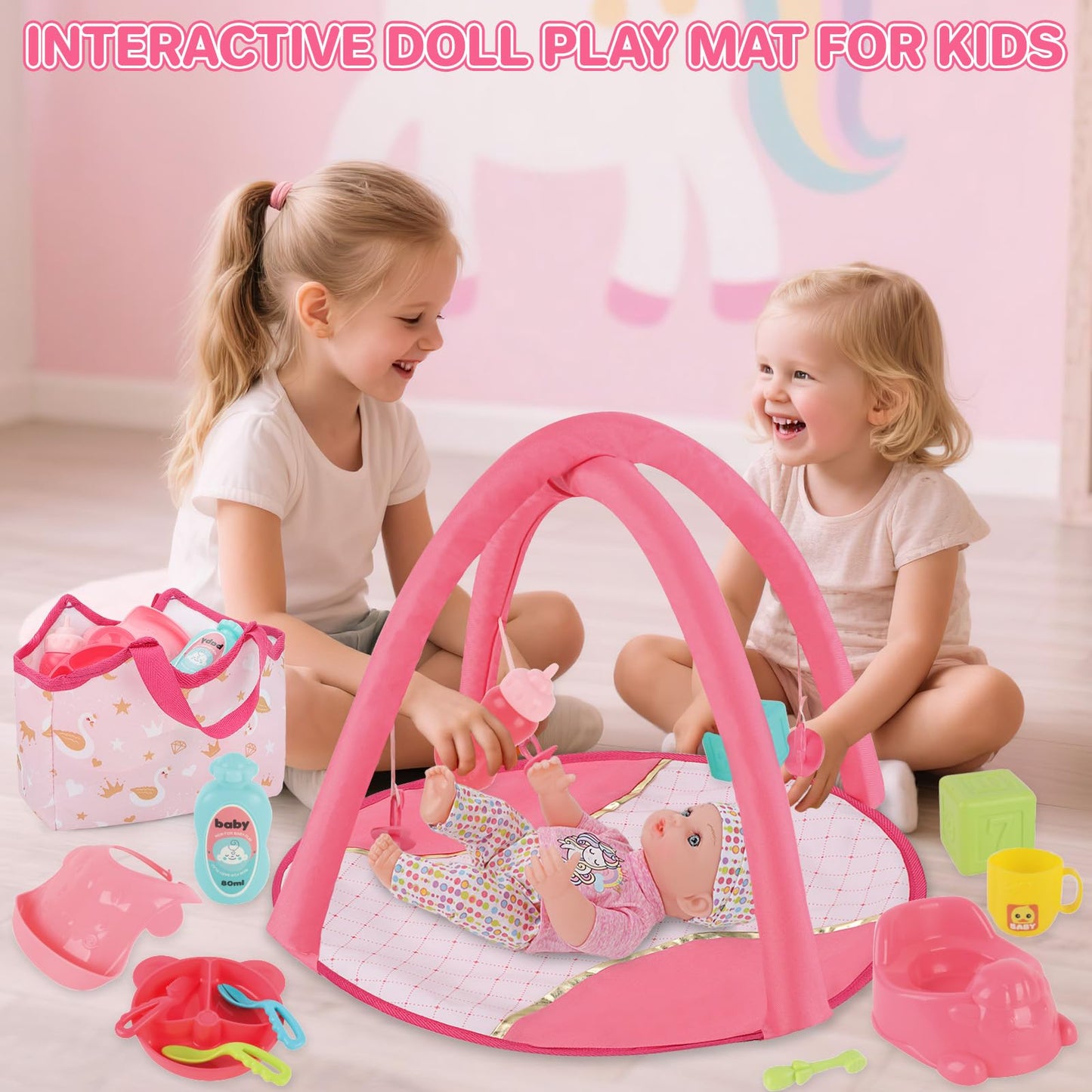deAO Baby Doll Stroller Set with 12" Baby Dolls Nursery Playset 17 PCS Baby Doll Accessories with Play Mat,Storage Bag,Baby Stroller Toys for Girls Toddlers 3+ Pretend Play Gifts