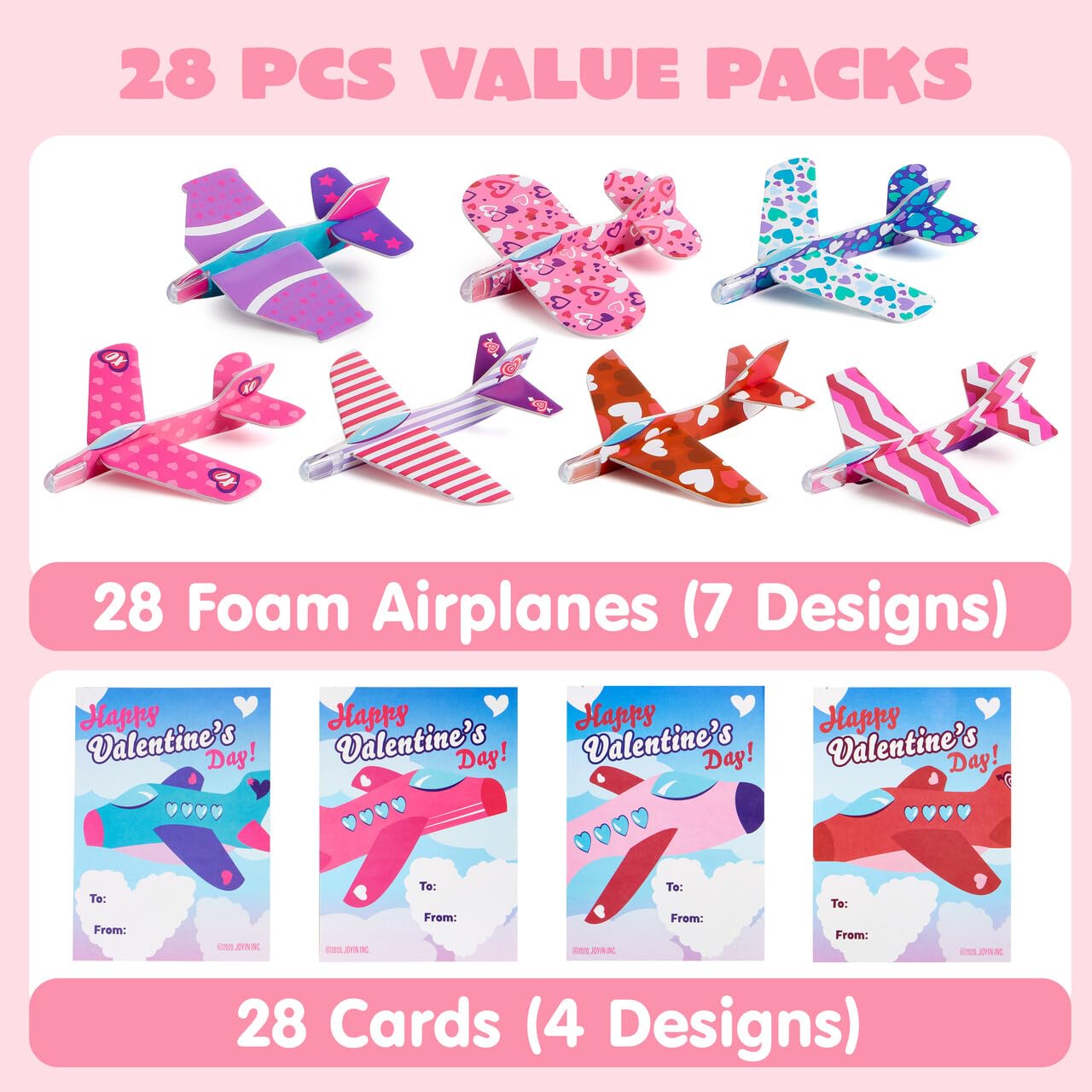 JOYIN 28 Valentine's Day Foam Airplanes for Kids, Greeting Cards with Punchline for Kids School Classroom Exchange Prizes Gift Supplies, Planes Party Favor