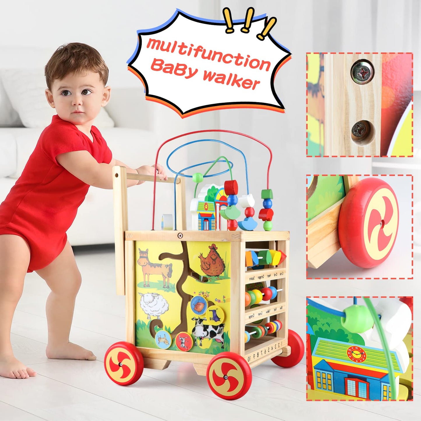 Wooden Activity Cube 6 in 1 Montessori Educational Learning Sensory Toys for 1 Year Old 12-18 Months Boys Girls First Birthday Gifts for Baby Toddler Toys Age 1-2 Bead Maze Shape Sorter Abacus