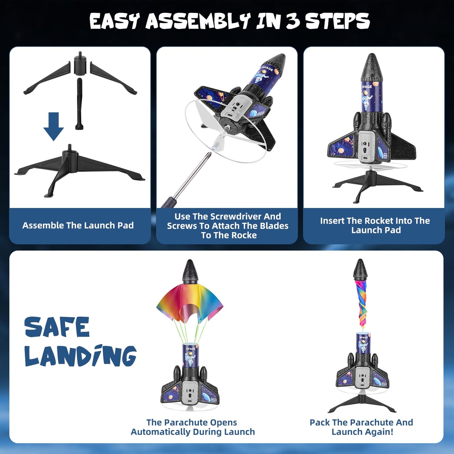 VisionX Rocket Launcher for Kids, 2nd Gen Improved Design, Launch Up to 200ft, Auto-Launch Rocket Toy with Parachute, Outdoor Toys for Ages 5-13, for Boys & Girls, Black