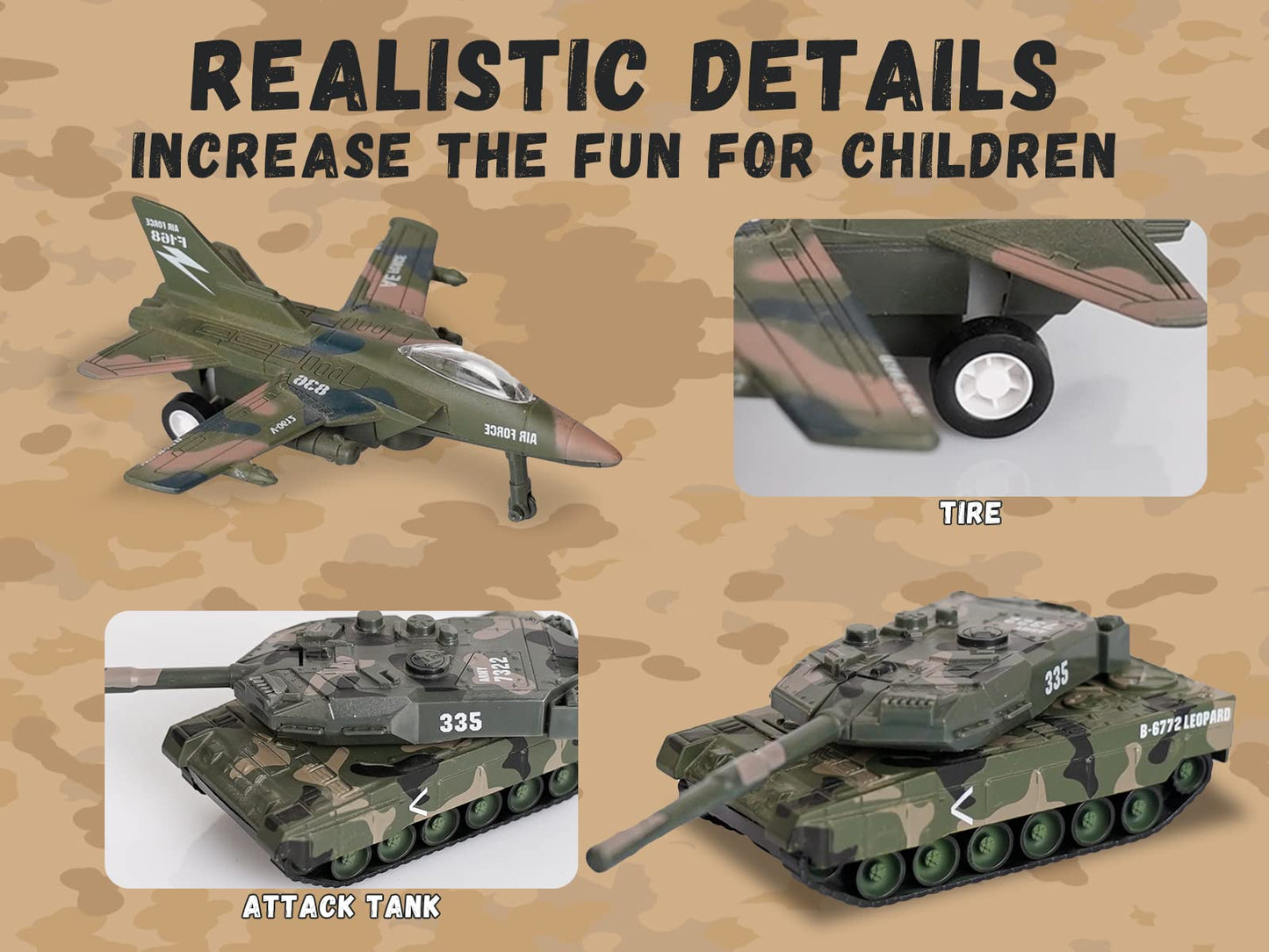 Crelloci 5 Pack Die Cast Fighter Jet Tank Toy, Pull Back Army Toys Vehicle Set, Camouflage Bomber Airplane Tank Vehicles, Military Air Force Playset for Kids Toddlers, Boys Age 3+ (B)