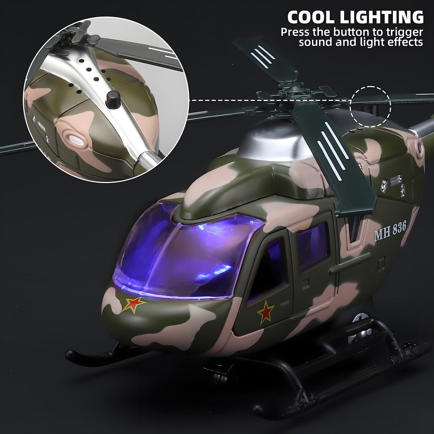 NOVAFUSION Kids Helicopter Toy Diecast Military Helicopter Model Kit,Pull Back Toy Helicopters with Lights and Sound,Toy Airplane with Rotatable Propeller,Helicopters Toys for Boys Age 4-7（ArmyGreen）