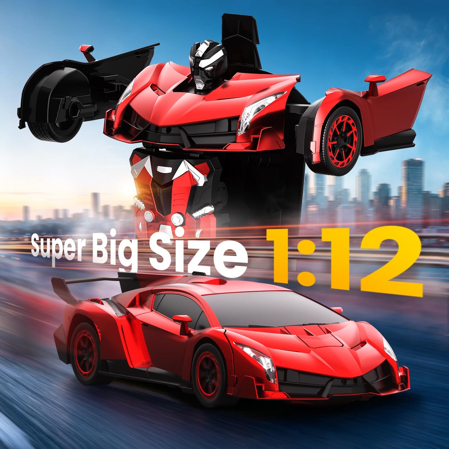 YONCHER Transform Remote Control Car, 1:12 Big Size Transform RC Cars Robot, 2-in-1 Robot Car Toy with Music and Light, Gesture Sensing, 360° Automatic Deformation, for Boys and Girls, Red