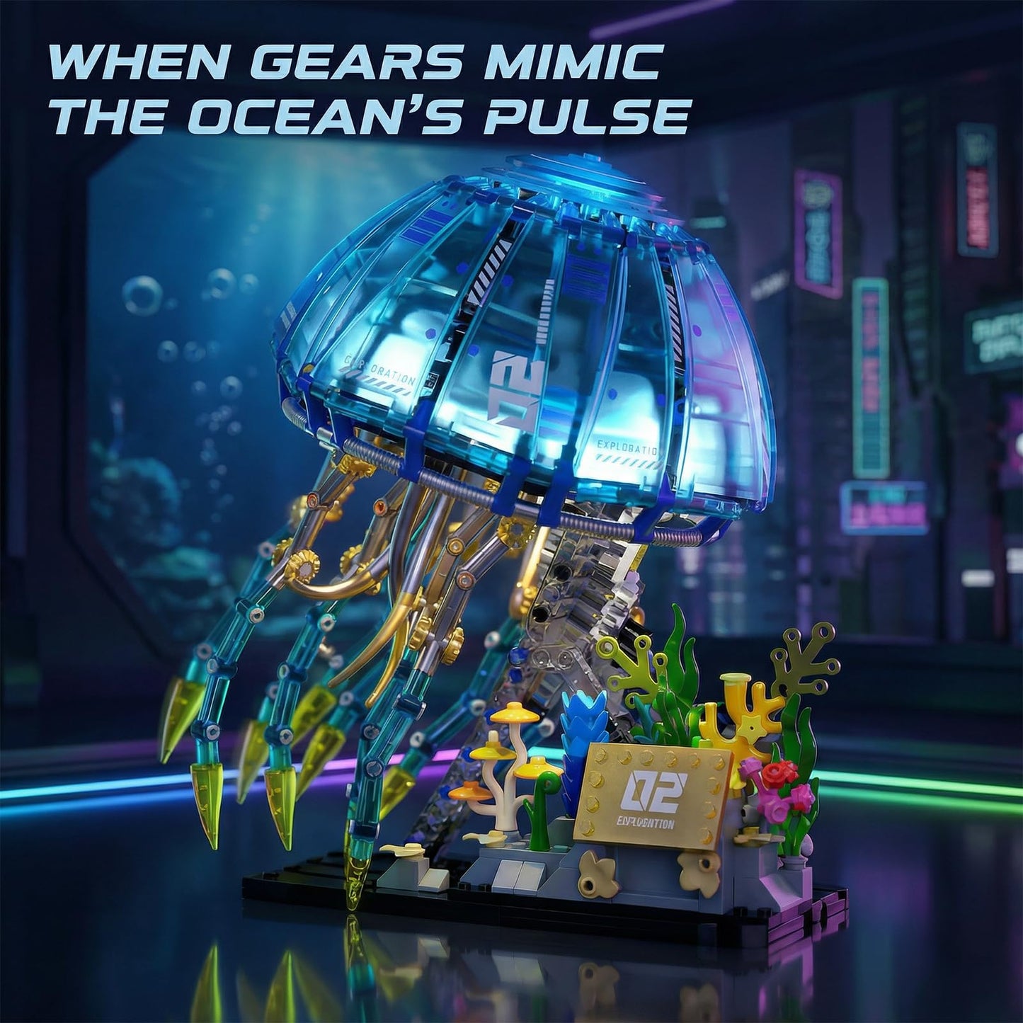 Holexapyd Mechanical Ocean Jellyfish Building Sets for Adults, Cyberpunk Sea Animals with LED Lights & Stand, Aquarium Fish Tank Decor, Creative Set (1146 PCS)