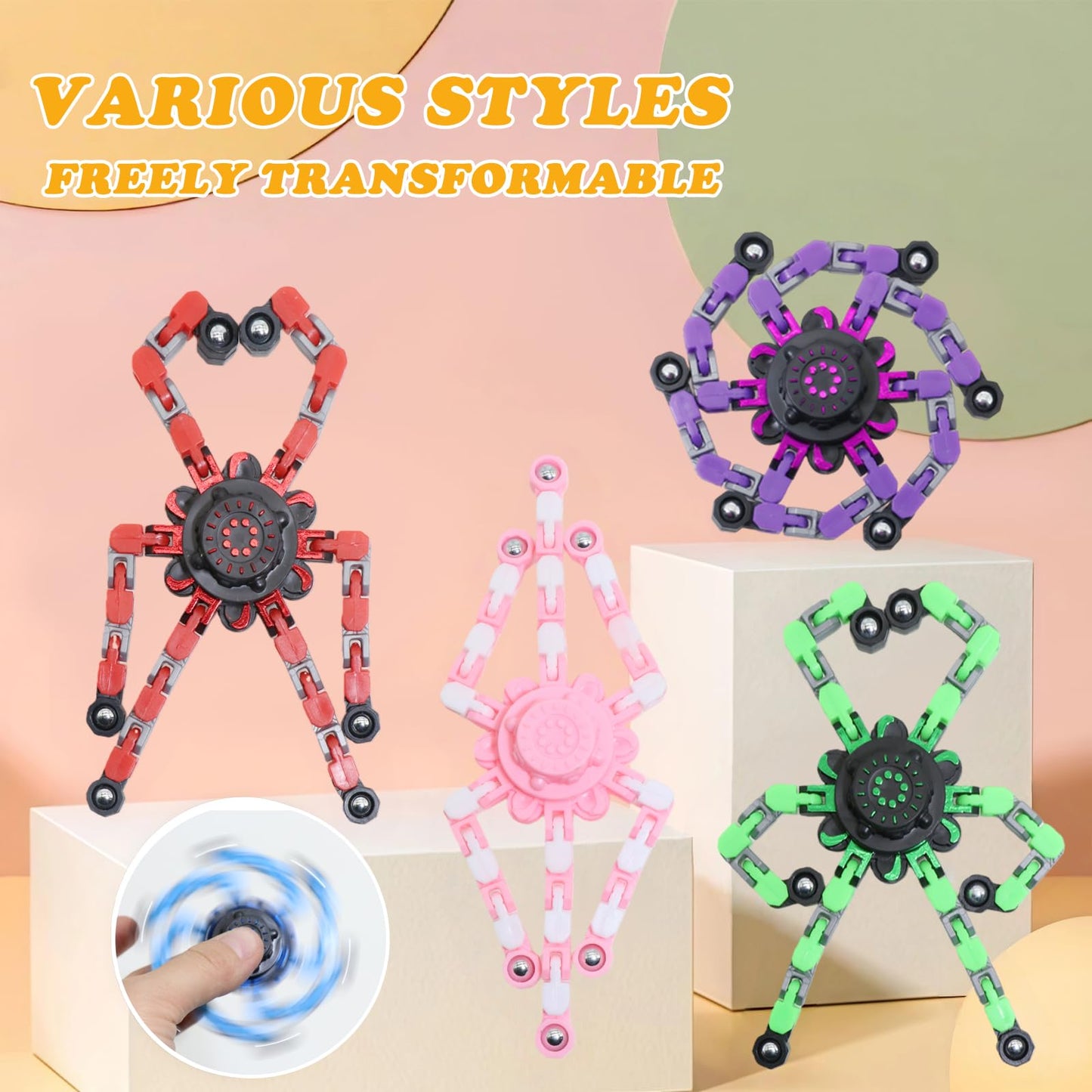 24Pcs Transformable Fidget Spinners Toys- Deformable Fingertip Gyro Stress Relief Sensory Toys, Easter Party Favors & Birthday Gifts for Kids Adults Boys Girls