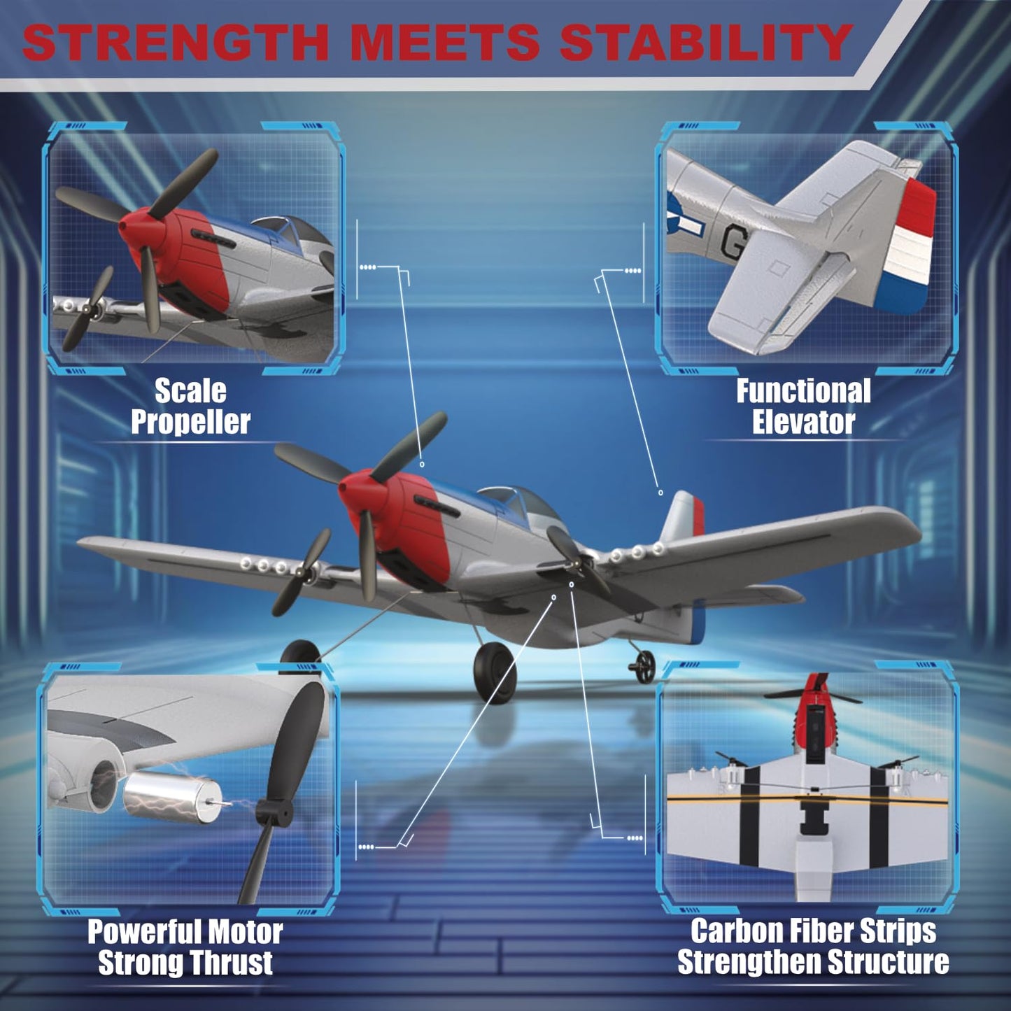 ANBURI RC Plane for Beginners, P51 Remote Control Airplane for Adults, 2.4GHz 3 Channel Fighter Featuring 6 Axis Gyro Stabilizer, Easy to Fly