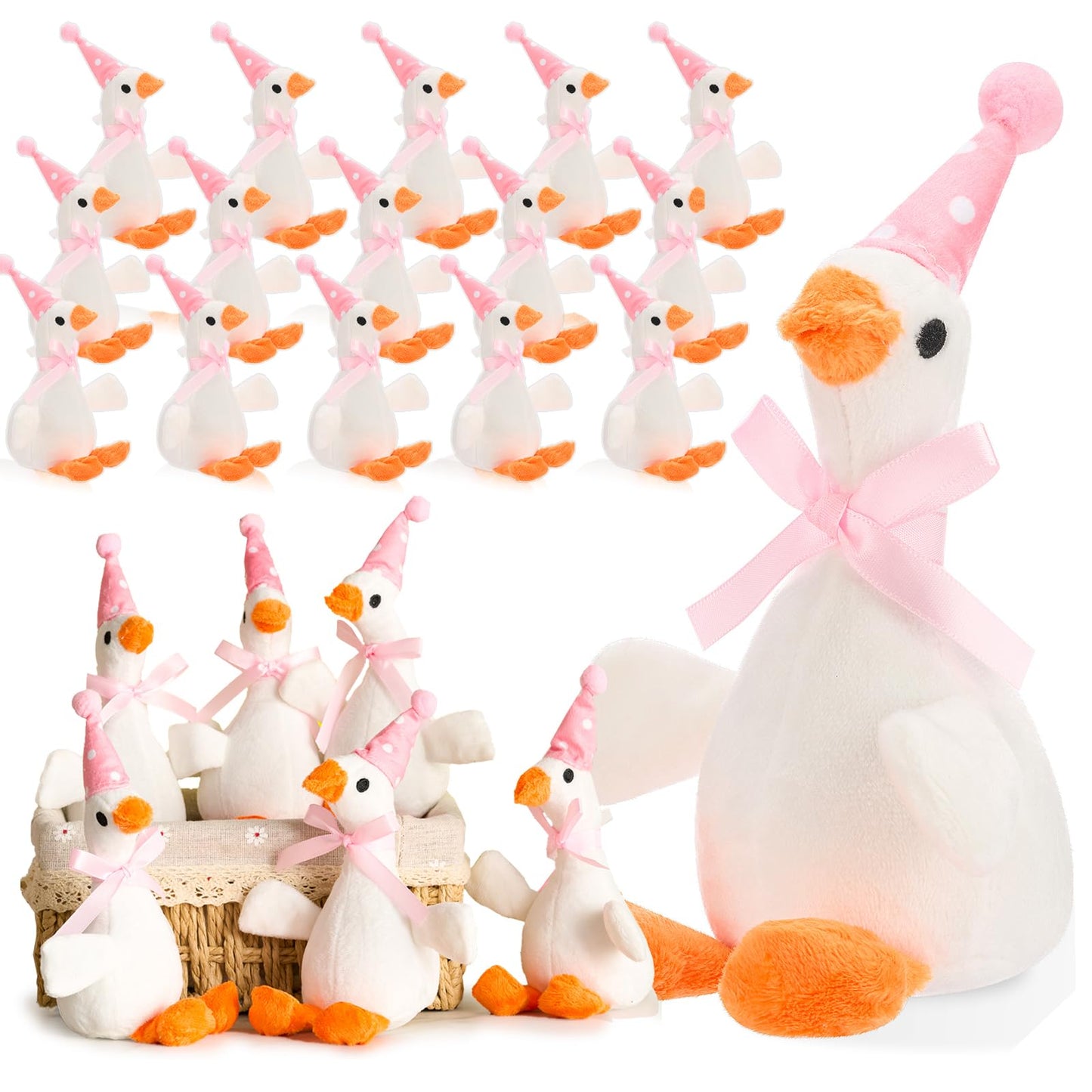 Vertintong 24 Pcs Silly Goose Plush Stuffed Animal Toy Birthday Decorations 8 inch One Silly Goose Baby Shower Party Favor Duck Stuffed Animal with Birthday Hat for Girls Funny Party Supplies (Pink)