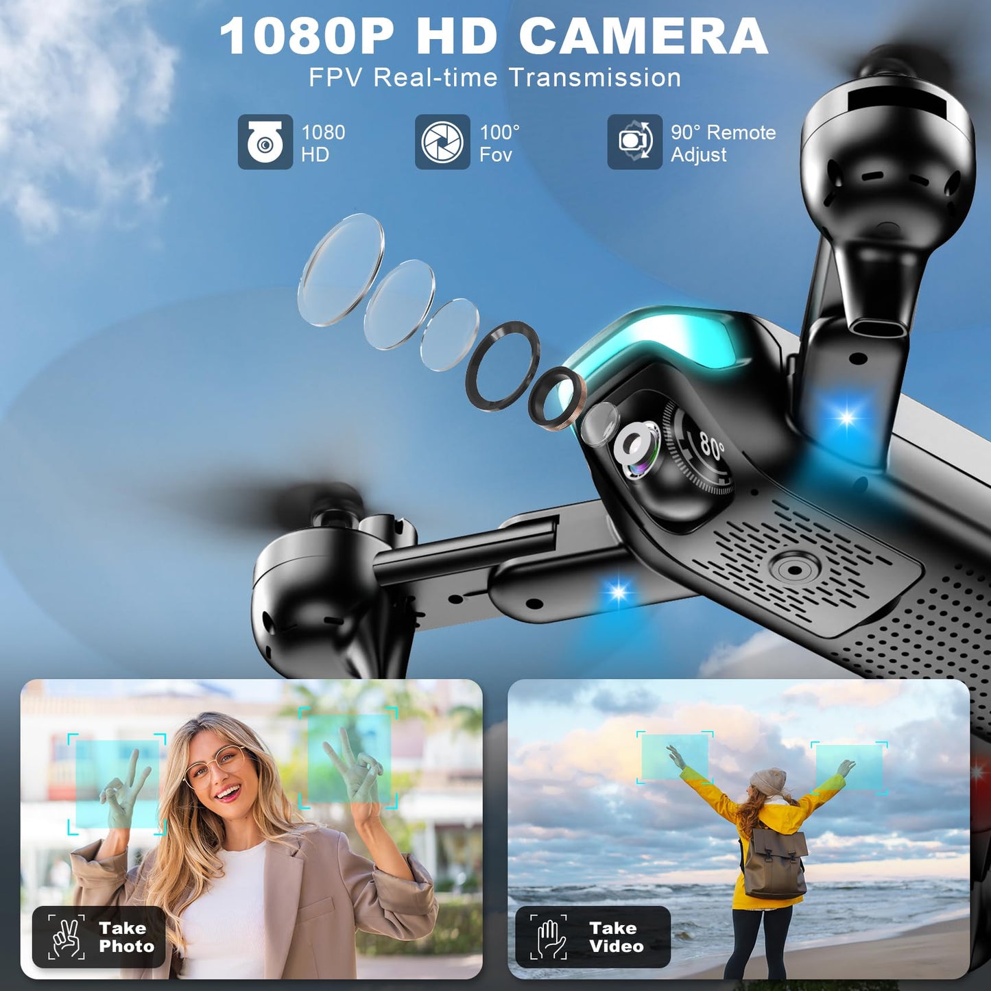 Drone with Camera, Foldable Drone for Beginners with 1080P Camera, Upgrade Altitude Hold, Circle/Rotating/Waypoint Fly, 3D Flip, One Key Start, 3 Speed Mode, 2 Batteries
