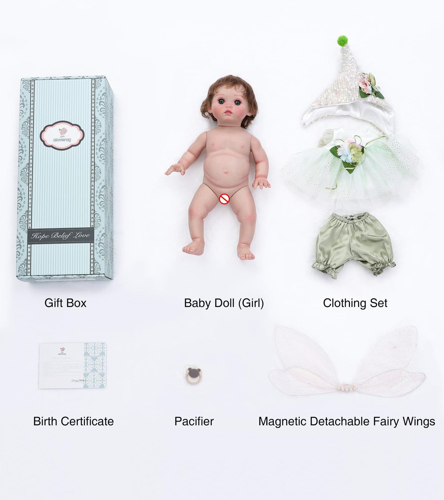 Cloveray Baby Doll, 18 Inch Reborn Baby Dolls – Realistic Lifelike Green Fairy Newborn Girl Doll, Real Life Baby Dolls with Accessories, Gift for 3+ Year Old Girls, Pretend Play & Collection