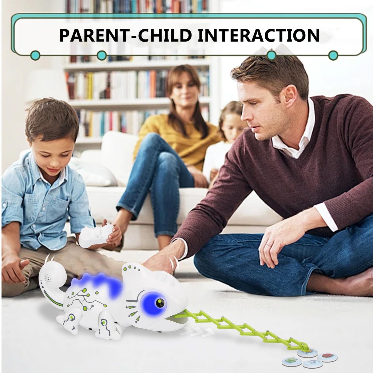 OSQI Interactive Remote Control Chameleon Simulation Toy for Kids - 2.4GHz RC Reptile with 5 Sound Effects, 12 Color Lights, Extending Tongue & Wagging Tail, Children Aged 3-12 Discovery Toys (White)