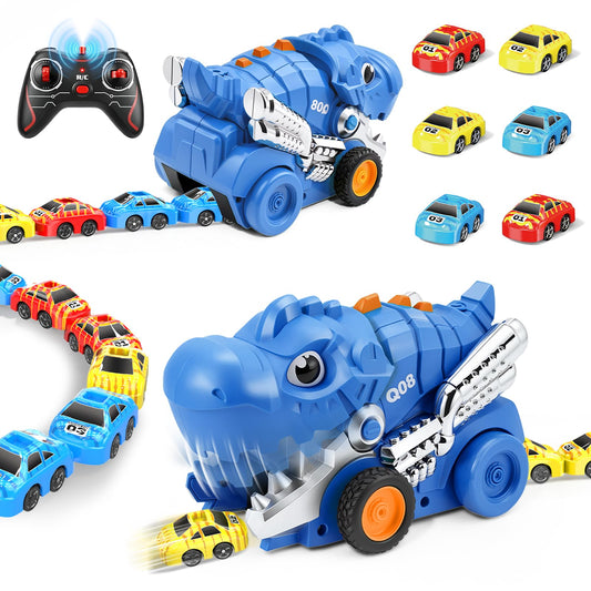 Intoypad Dinosaur Remote Control Car Toys for Kids, 2.4GHz RC Dino Eating Car Toy with 6 Magnetic Cars & Music Dino Truck Birthday Gifts Toys for 3 4 5 6 7 8 9 10 11 12 Year Old Boys Girls (Blue)