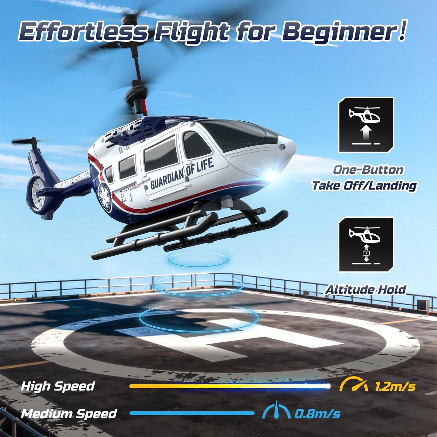 DEERC RC Helicopter,Rescue Remote Control Helicopter for Kids & Adults,Toys Helicopter with Altitude Hold, One Key take Off/Landing, LED Light, Low Battery Reminder, Gift for Boys Ages 8-12