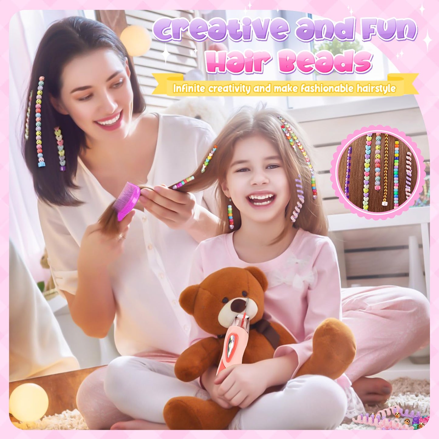 Hair Beads Jewelry Set for Girls, Gifts for 5 6 7 8 9 10 Year Old Girl, Kids DIY Hair Accessories Kits with Reusable Beads, Hair Gem Stamper Kit for Kids Girls Age 6-12 Creative Birthday Gifts Toys