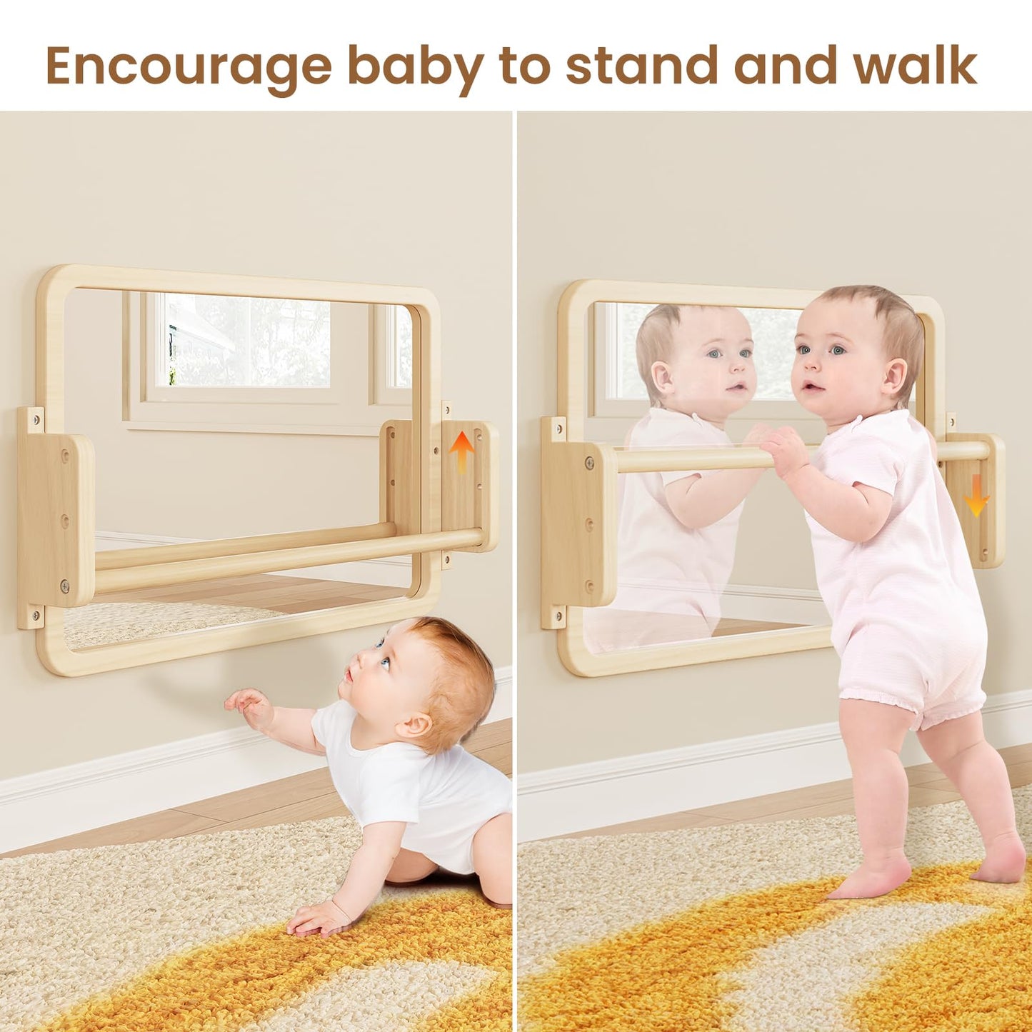 Woodtoe 3-in-1 Montessori Mirror with Bar, Adjustable Toddler Mirror & Pull Up Bar, Montessori Learning Toy for Baby 6-18 Months, Nursery Mirrors, Natural Wood Furniture for Daycare, Kids Classroom