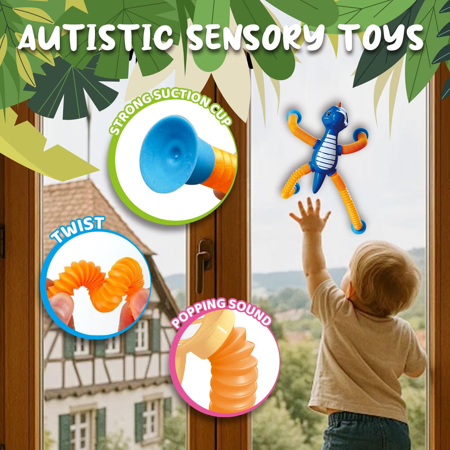 Dinosaur Travel Toys Gift LED Light Up for Toddlers Kids Boys Girls, Dino Pop Tubes Fidget Sensory Suction Cup Toys, Airplane Car Road Activities & Christmas Stocking Stuffers Party Favors Aged 3+