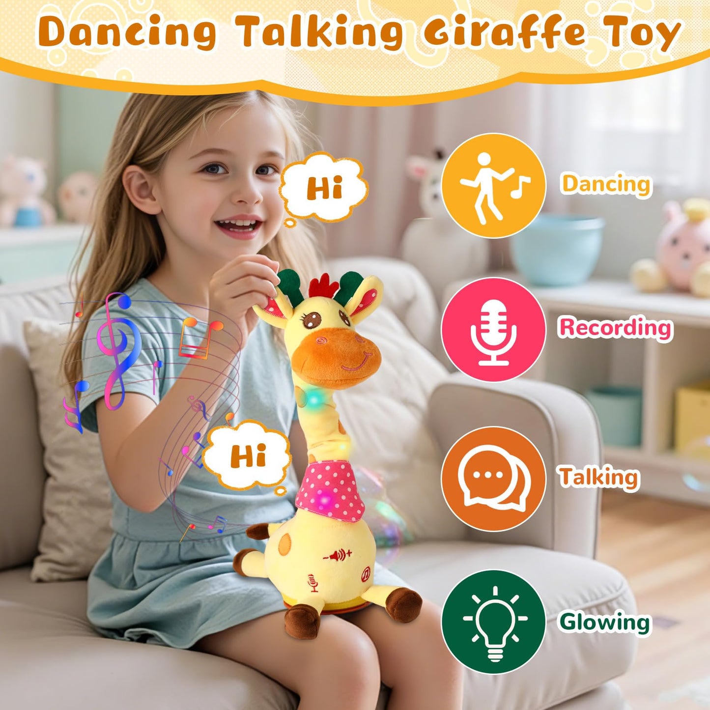 JISONCASE Talking Dancing Giraffe Baby Toy, Adjustable Volume Tummy Time Toy Repeating What You Say, Singing Mimicking Recording Sensory Education Gifts for Toddlers Boy Girls
