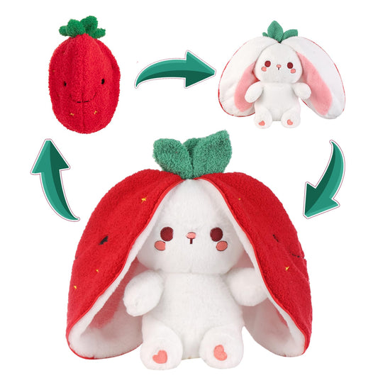 Emoin Bunny Stuffed Animal Reversible Cuddle Strawberry Bunny Plush Transformed Rabbit Toy Plush with Zipper Easter Bunny Plushies Gifts for Baby Boys Girls-7Inch