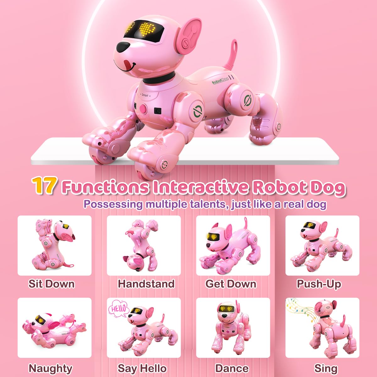 VATOS Rechargeable Robot Dog for Kids, Remote Control Robotic Dog with Programmable, 17 Interactive Functions & Volume Adjustable, Singing Dancing Robot Dog Toy Gift for Girls 3-8 Years Old, Pink