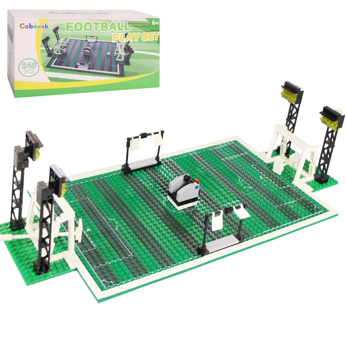 Cabeeskii Soccer Playset Building Blocks, Football Court Baseplate Brick with Football Goals, launchers Bricks, 2 Footballs, Soccer Building Bricks SetCompatible with Major Brands