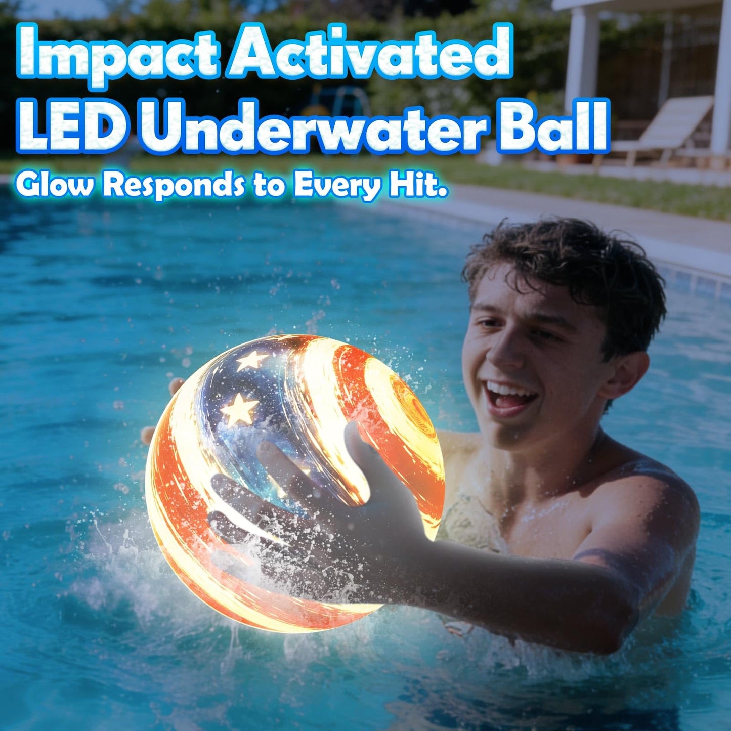 Focusport LED Underwater Pool Ball – 2 Pack 9" Light Up Water Ball Toy, Patriotic Design Pool Sports Game for Kids & Teens, Dribble & Pass for Water Football & Basketball, Summer Backyard Parties