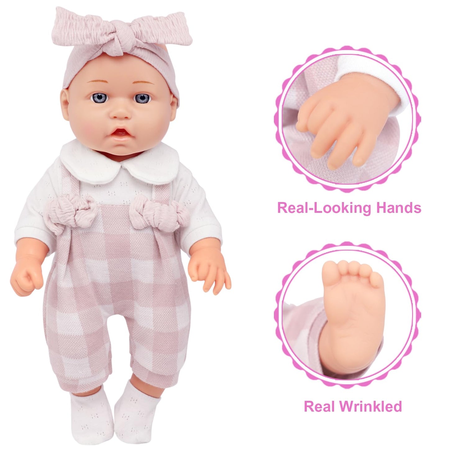 Ecore Fun 12" Baby Doll and Clothes Accessories Playset - 6 Pcs 12 Inch Doll with Pink Romper Outfit, Headband, Socks, Pacifier, Bottle | Gift Ready in Box
