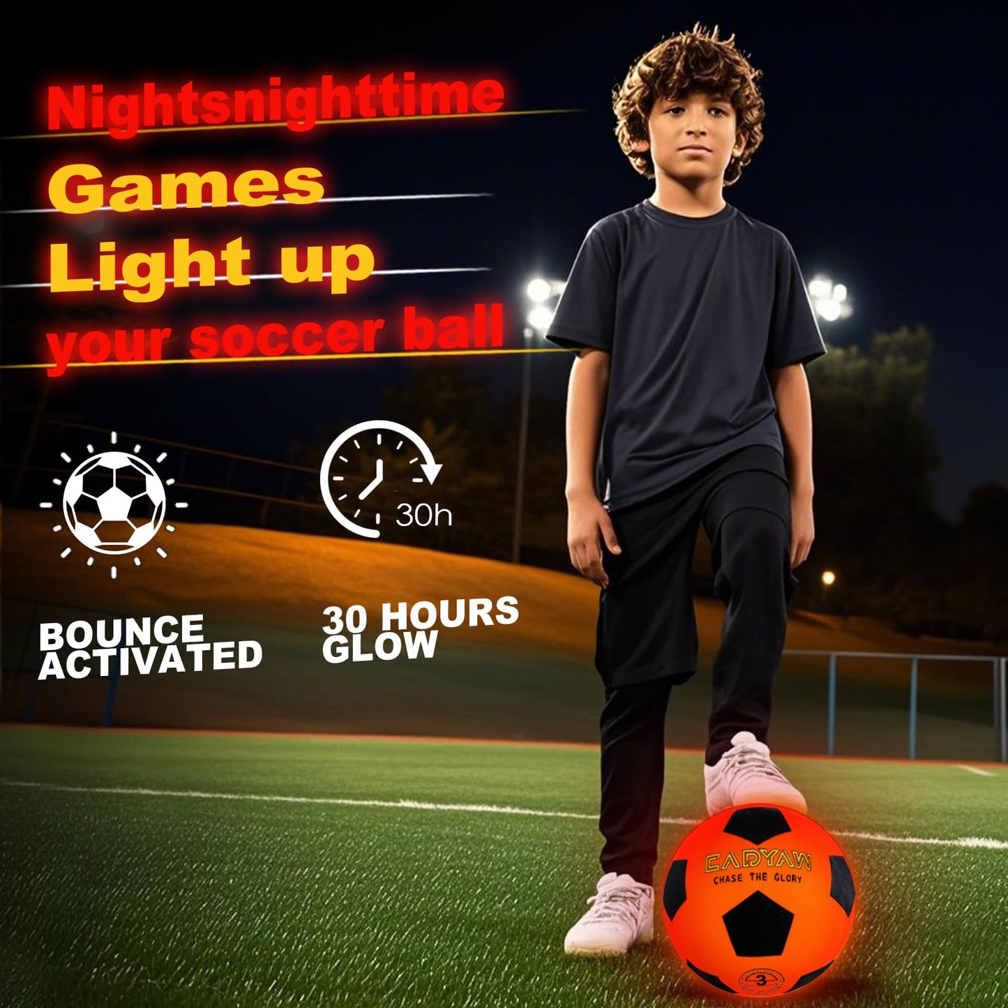 Cadyaw Glow in The Dark Soccer Ball, Rechargeable Light up Soccer Toys, Birthday Gift for Boys and Girls 3-12, Cool Toys for Kids Outdoor Night Activity - Size 3