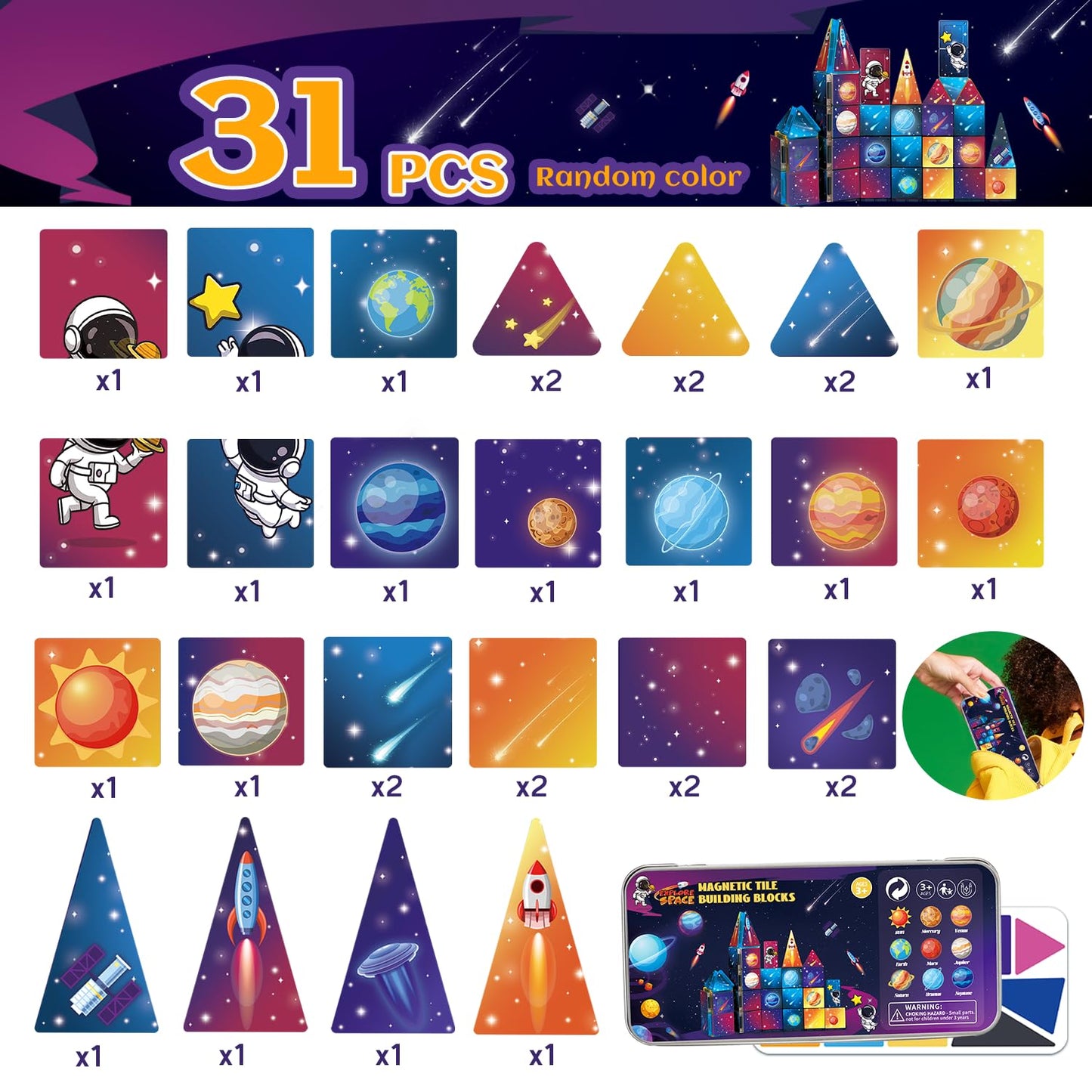 kocojrff Mini Magnetic Tiles Travel Set, 31Pcs STEM Travel Magnatiles with Metal Case, Space Theme Educational & Creative Magnet Tiles for Kids