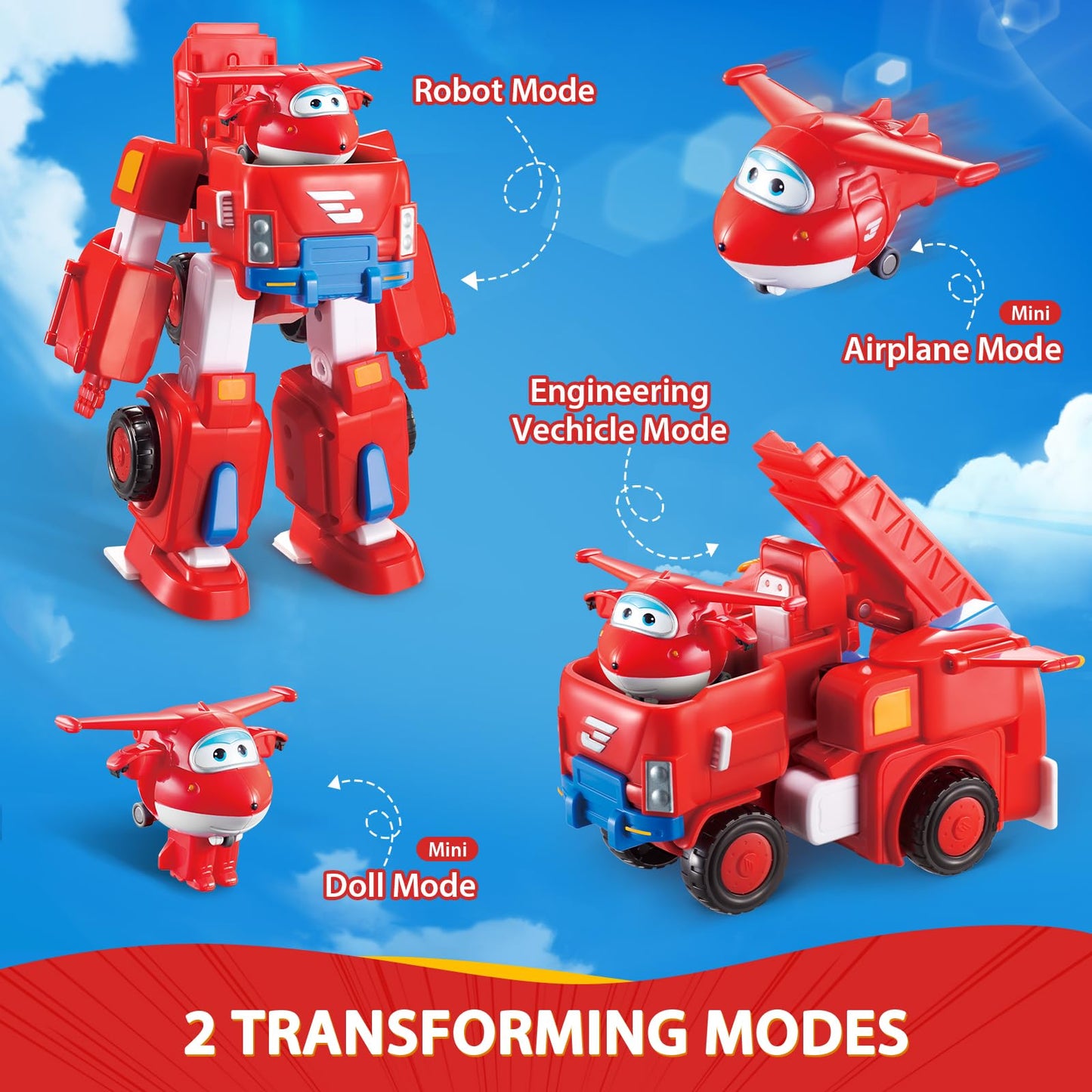 Super Wings Transformable Toys, 7" Jett Robot Suit and 2” Scale Transforming Jett Mini Action Figure,2-in-1 Mode Vehicle and Robot, Vehicle Playset for Kids 3+,Gifts for Boys and Girls,Red