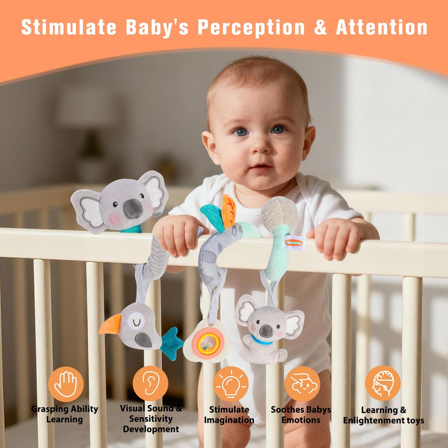 JINBOBUBU Baby Spiral Car Seat Toy, Stroller Hanging Sensory Toy for Newborn 0-12 Months, Soft Plush with Rattle Crinkle Teether, Koala Bird Activity Toy for Infant Boys Girls