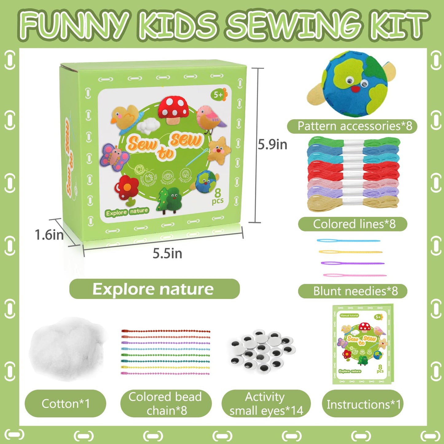 Nature Sewing Kits for Beginners, DIY 8 Stuffed Forest, Butterfly Making Easy Felt Sewing Fun Craft Set, Educational Learn to Sew Gifts for Kids Age 5 6 7 8 9 10 11 12, Instruction & Felt Materials