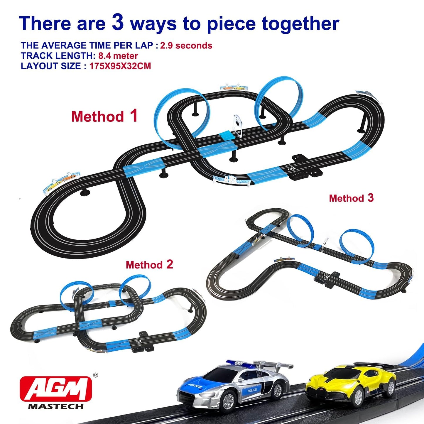 AGM MASTECH Slot Car Race Track Set, High Speed Series Tram Dual Track Set with 4 Licensed Racing Slot Cars, 2 Hand Controls, Track Parts and Lap Counter, 8.4M Long Track, Color Box