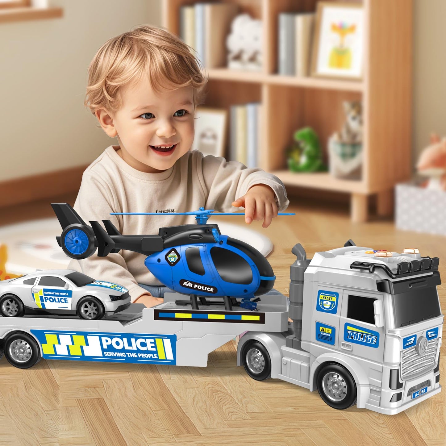 DWIRCTOYS Kids Toys for Ages 3 4 5 6 7 8 Years Old Boys, 25" Large Police Semi Truck with Helicopter & Race Car, Friction Powered Vehicle with Lights & Sounds,Birthday Gift for Boys Girls