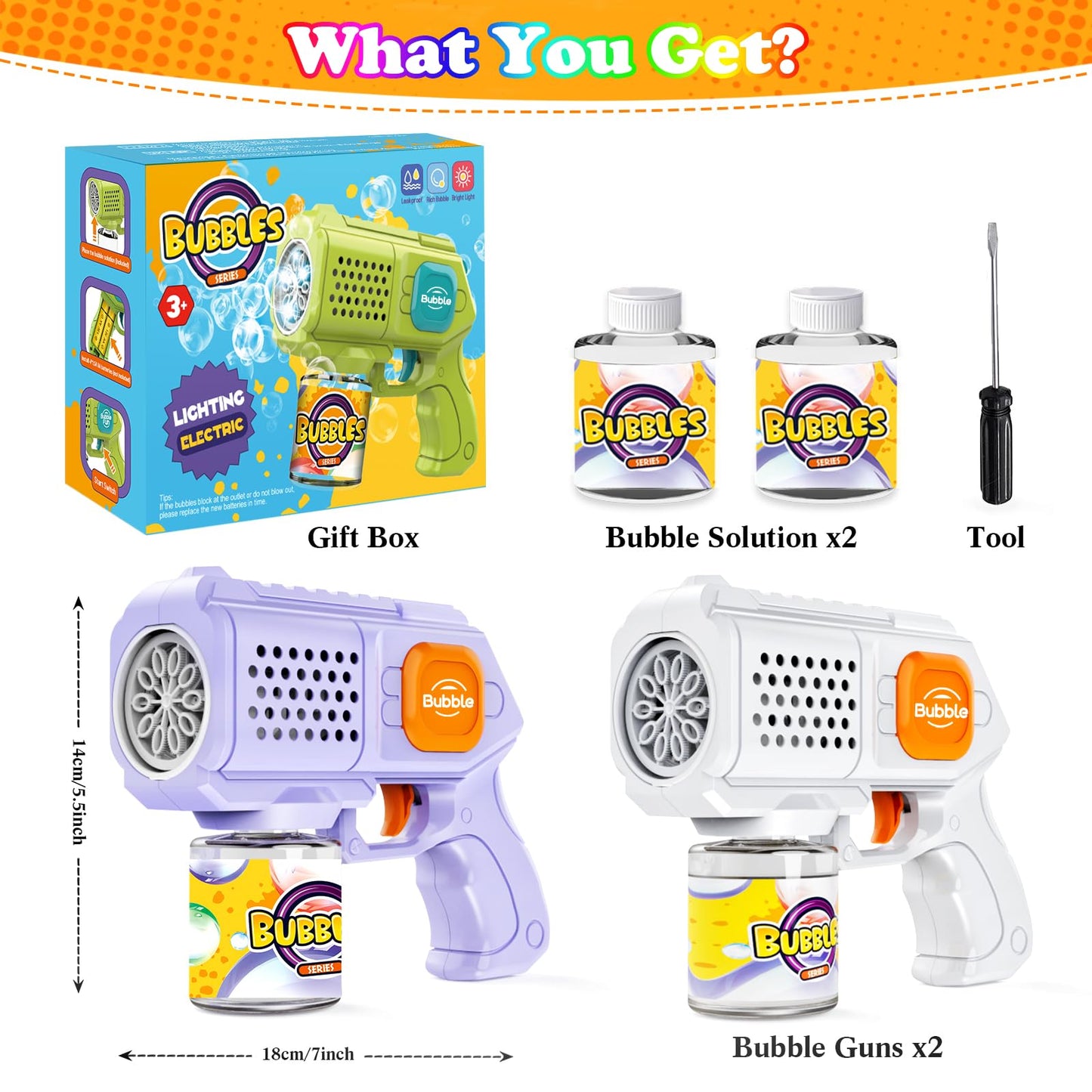 Panamalar 2 Packs Bubble Guns for Kids, Automatic Bubble Machine Gun 10000+ Bubbles/Min, 10 Holes Bubble Maker Toys with Solution/Light for Boys Girls Outdoor Wedding Party, Purple+White