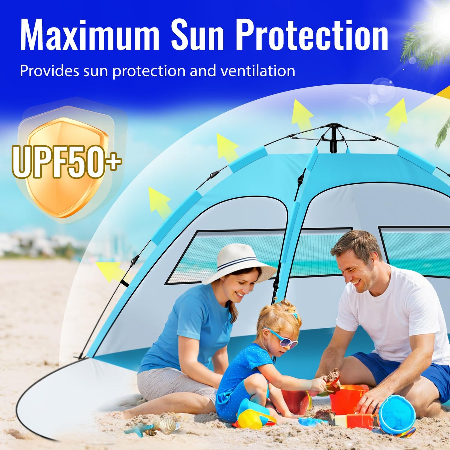 Beach Tent Sun Shelter – Pop Up Easy Setup in 3S Instant Tents for 4/5 Person Beach Umbrella Sun Shelter Shade, UV 50+ Protection, Wind Resistant, Lightweight Portable Baby Tents Shade for Family
