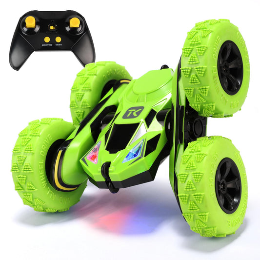 Threeking Remote Control Car RC Flip Stunt Double Sided Driving Cars Toys for Boys Girls Ages 6-12, 4WD 360° Flips with Breathing Soft Lights, Presents Gifts, Green