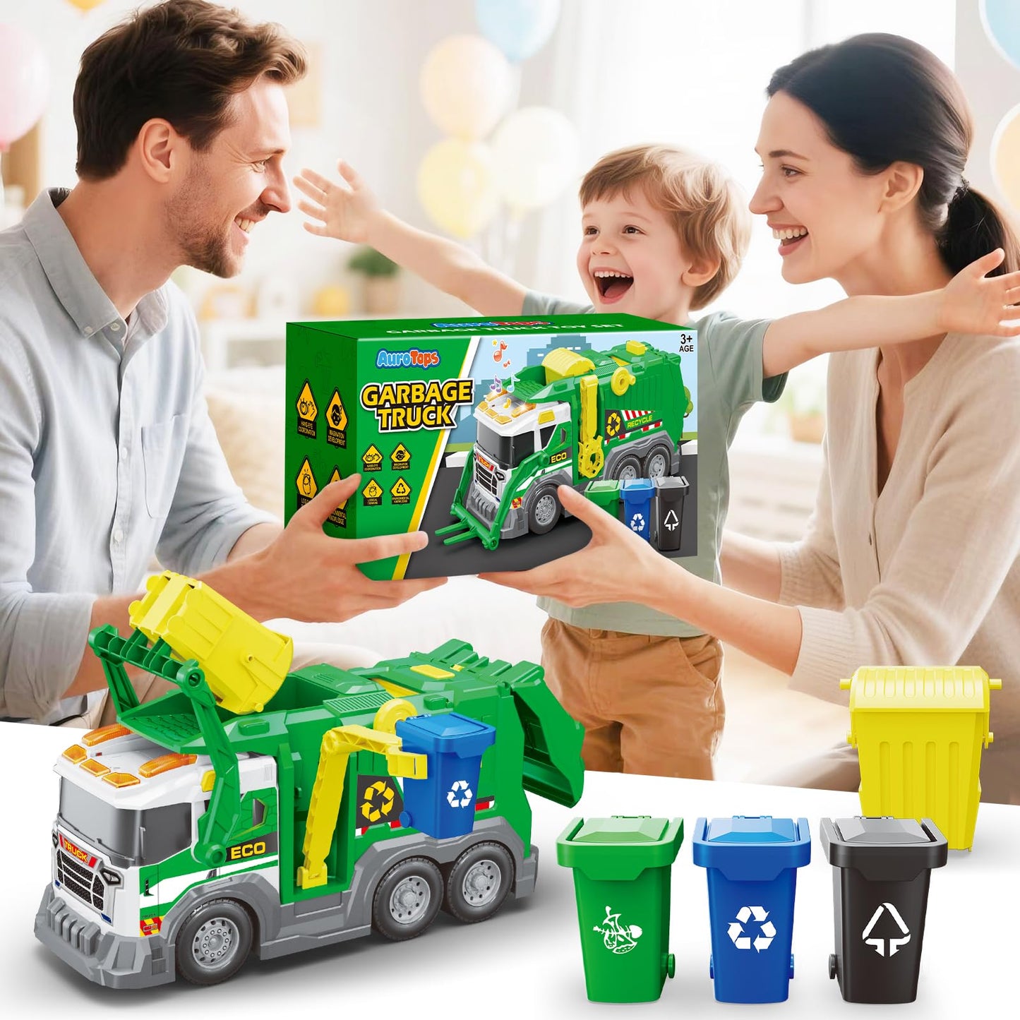 AuroTops Garbage Truck Toys for Kids 3 4 5 6 7 8 Years Old Boys Toy Trucks Set with Sound and Light,Toddlers Birthday Gifts for Boys & Girls Learning Toys,Includes 3 Trash Bins