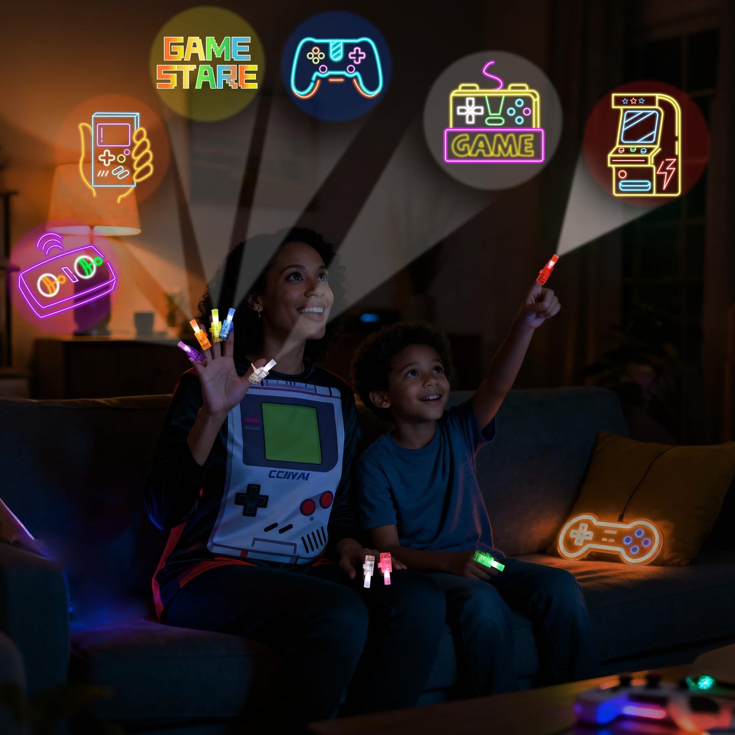 Mikulala 24 Pcs Video Gamer Party Favors LED Finger Lights, Glow in the Dark Neon Party Gifts for Boys Girls, Birthday Goodie Bags Stuffers, Classroom Treasure Box Prizes