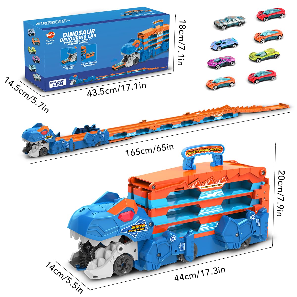 VATOS Toddler Truck Toy - Ejection Folding Dinosaur Track, Portable Truck Car with 8 Race Cars, Best Gift Toy Cars Set for Toddlers 3 4 5 6 7 Years Old