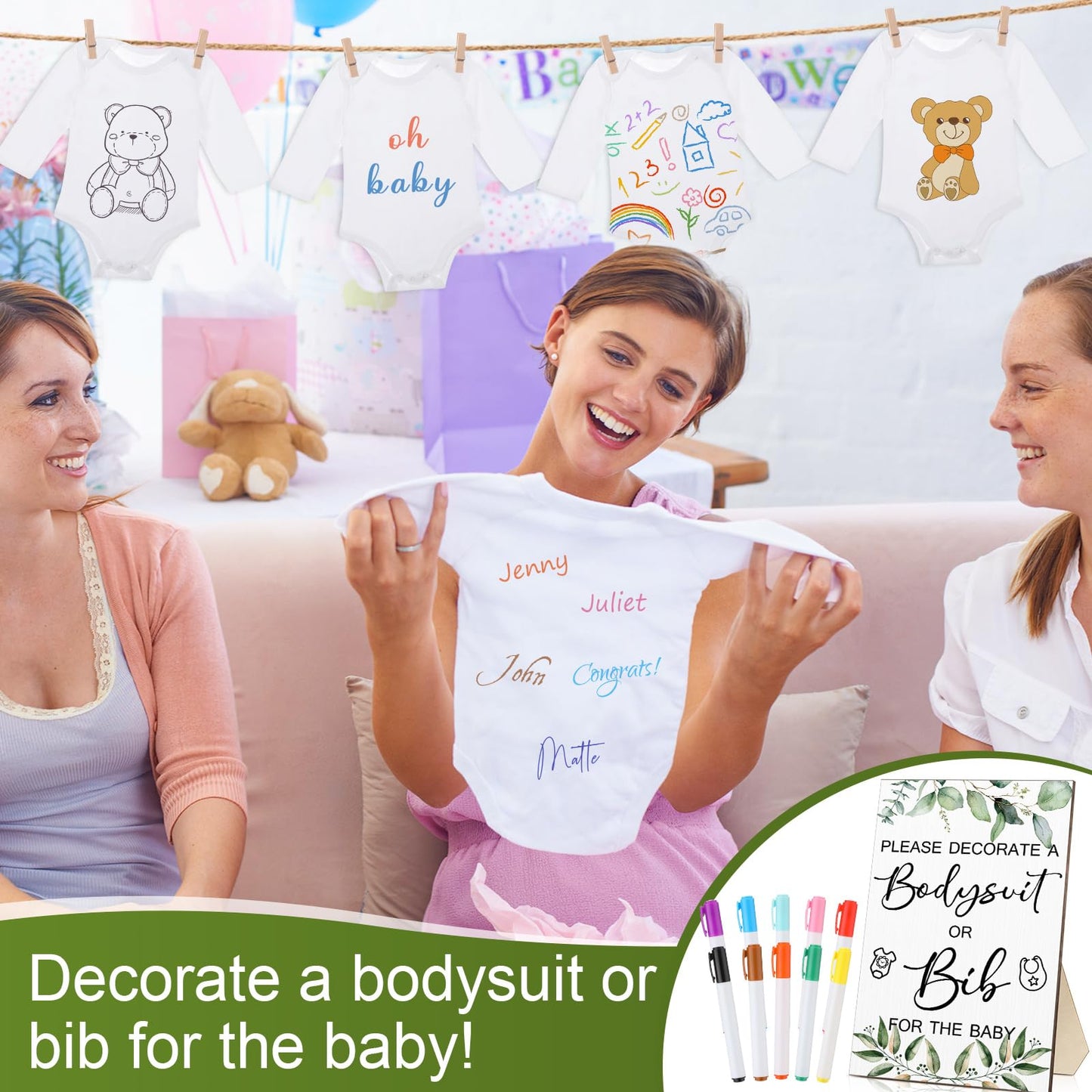 Hoosige 43 Pcs Baby Shower Games White Bodysuit Decorating Kit Bibs Design Games Prizes, Include Wooden Game Sign with 15 Blank White Bibs 15 Bodysuit 12 Marker for Shower