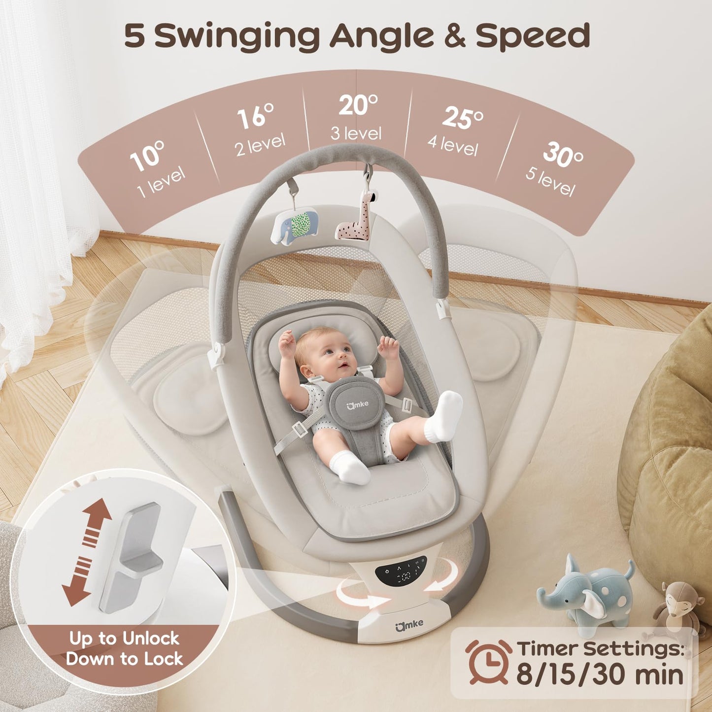AMKE Electric Baby Rocker Swing for Infants, Extra-Large Mesh Seat, Portable 5-Speed Baby Rocking Chair with 3 Timers & 12 Lullabies, for Baby Boy Girl Shower Gifts, Lightweight for Outdoor Use