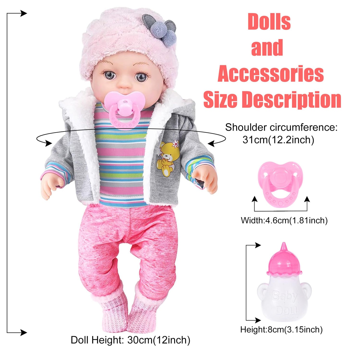 dollbie 12 Inch Realistic Baby Doll with Outfits & Feeding Accessories - Lifelike Baby Doll with Pacifier, Bottle & Feeding Set, Ideal Gift for Toddler Girls Age 3+