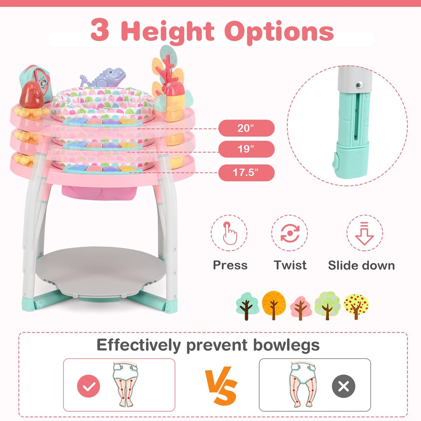 BABY JOY 5 in 1 Baby Activity Center, Baby Jumpers and Bouncers with Removable Toys, Lights & Music, 3 Adjustable Heights, Interactive Play Center for Toddlers Boys Girls 6-36 Months (Pink)
