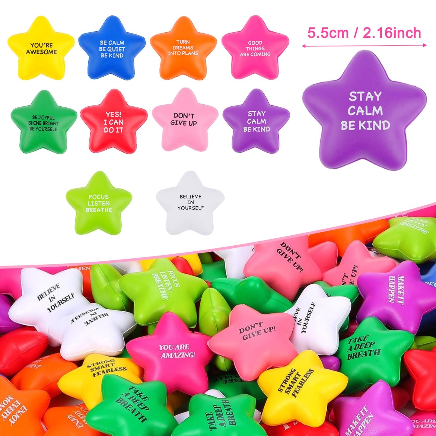SHQDD 100PCS Bulk Star Stress Balls for Adults & Kids - Motivational Quotes Soft Foam Stress Relief Squeeze Toys, Fidget Anxiety & Anger Relief at Work/School/Home, Perfect Party Favors (Multi-Color)