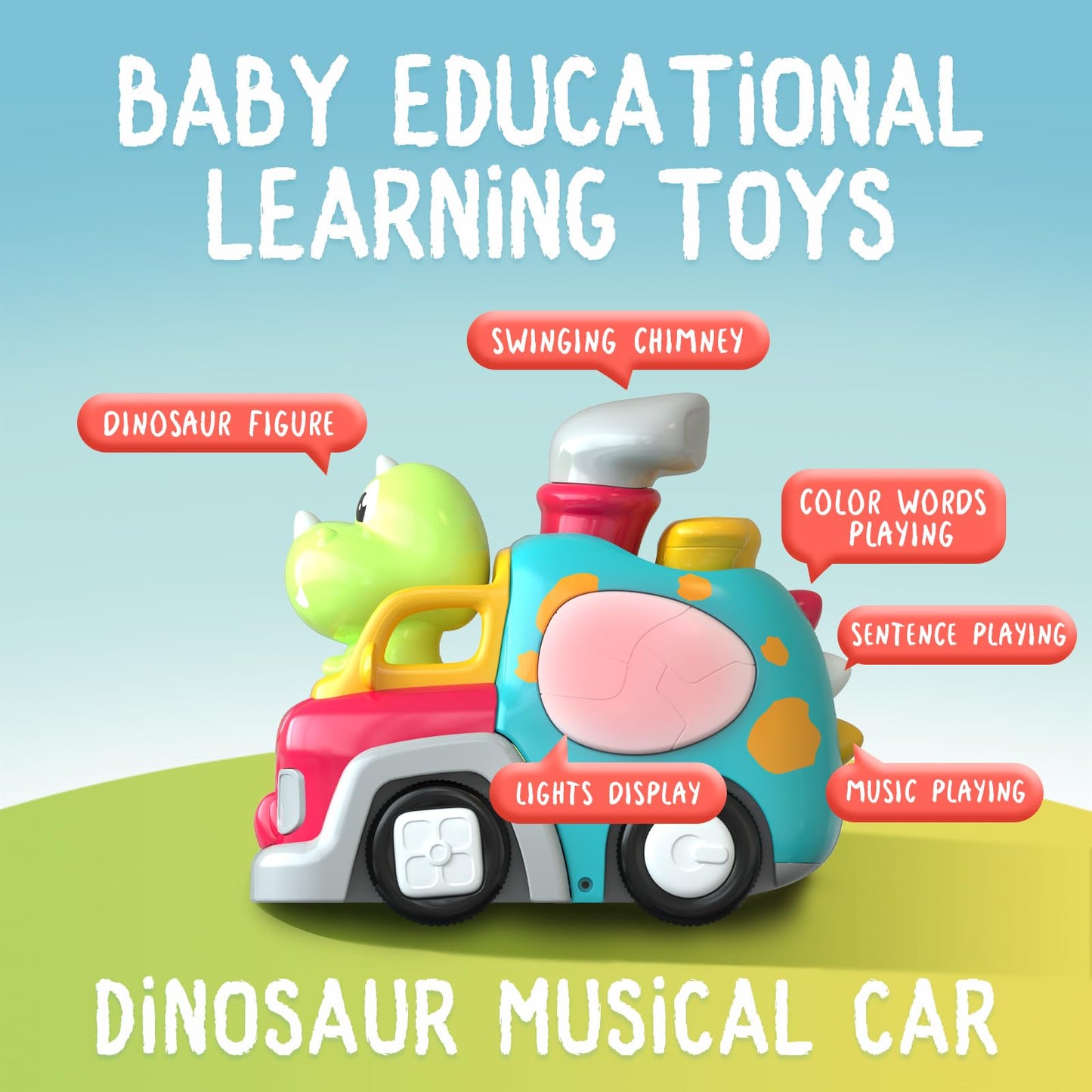 P&C Dinosaur Truck Toys for 1 2 3 Year Old Boys Girls, 18-36 Months Baby Toy with Music & Lights, Montessori Learning Toy for Crawling Walking, Educational Push Car for Toddlers, Birthday Gift