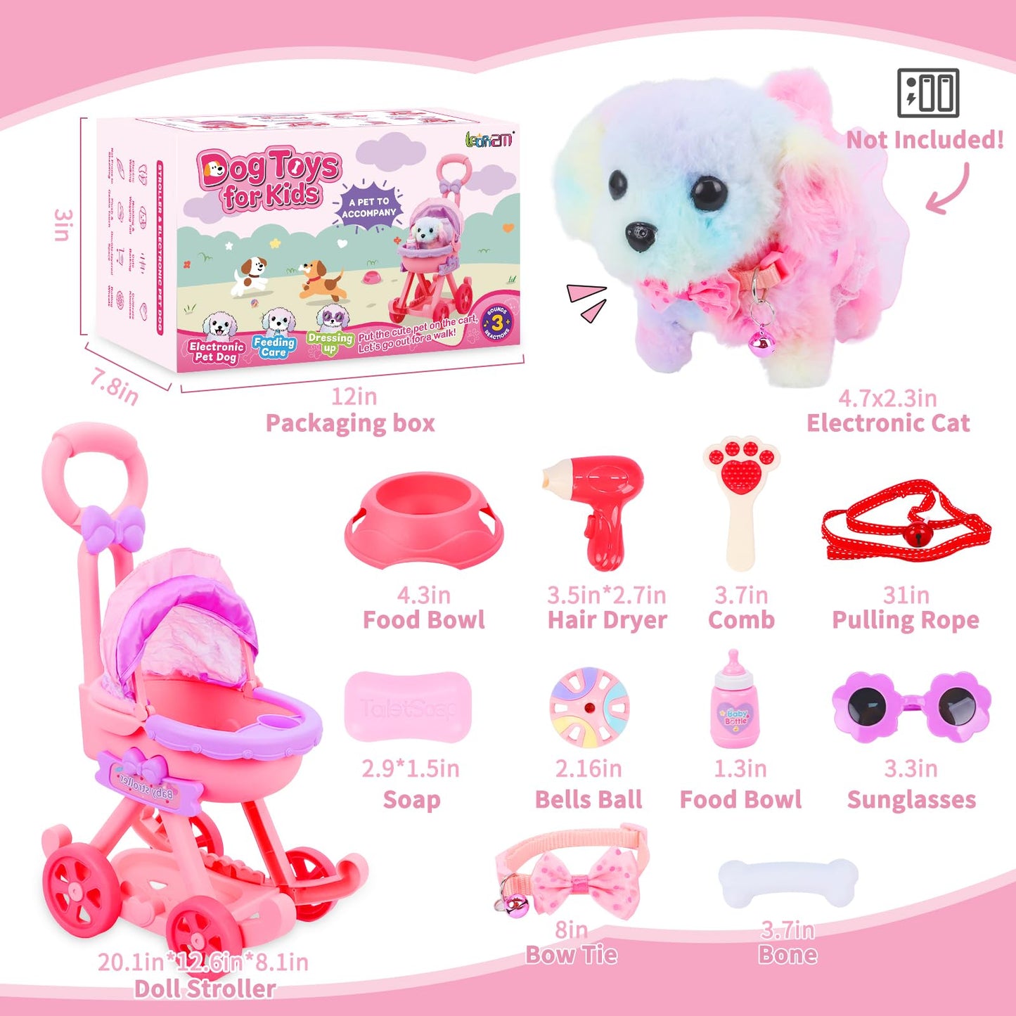 Learn2M 13Pcs Dog Toys for Kids Girls, Pretend Puppy Stroller Playset for Toddler, Electronic Interactive Walking Barking Dog Toy, Pet Care & Feeding Accessories Birthday Gifts for Little Girl 3 4 5 6