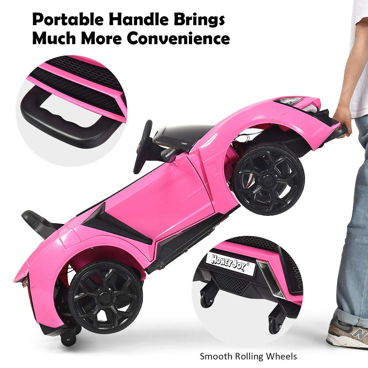 HONEY JOY Pink Ride On Car, 12V Battery Powered Electric Vehicle w/Remote Control,3 Speeds, LED Lights, Horn, Music, MP3, USB, Spring Suspension, 4 Wheeler for Boy Girl Gift, Electric Car for Kids