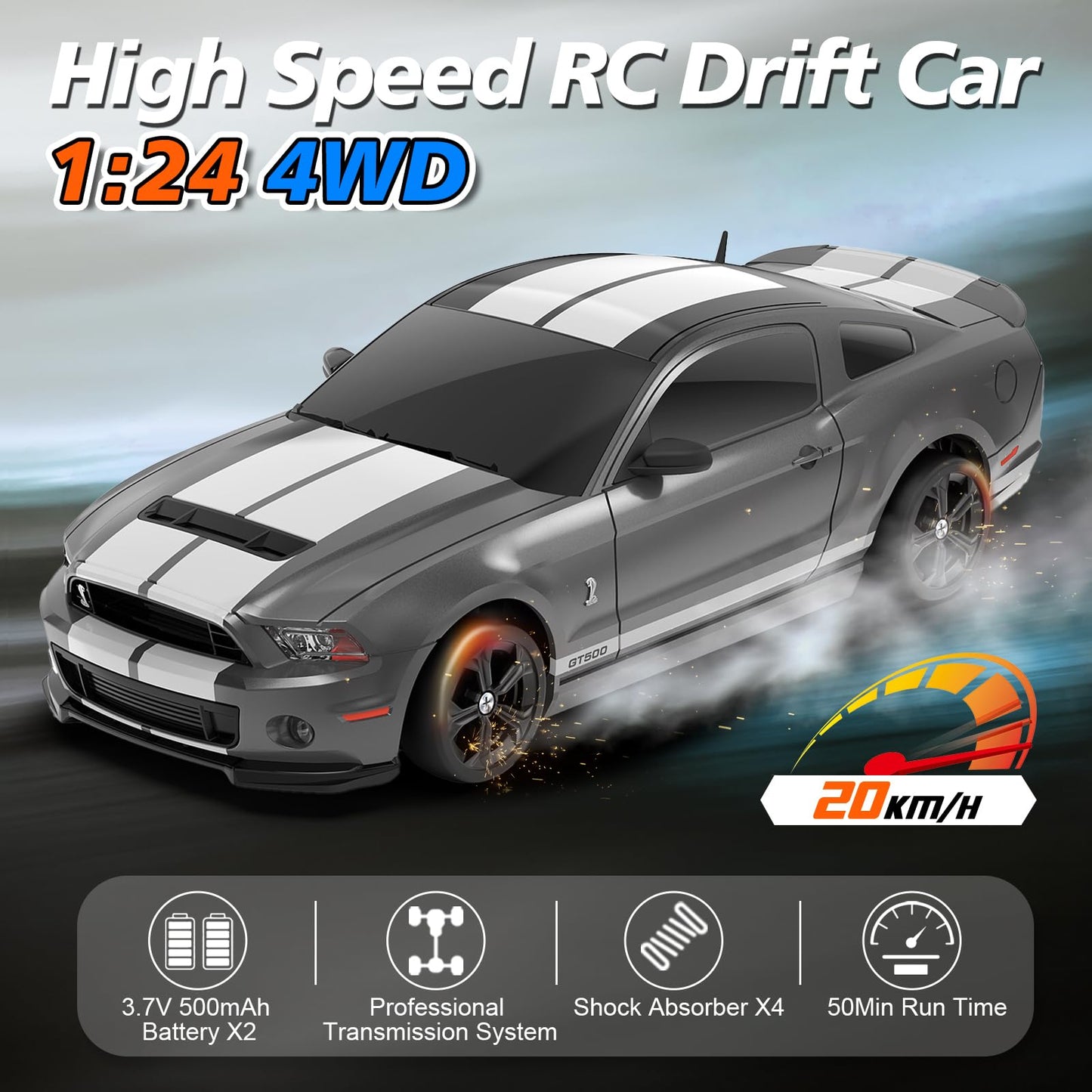 YONCHER RC Drift Car, Remote Control Car for Kids Ford Mustang Shelby GT500 Officially Licensed, 1:24 20KM/H 4WD with Lights, Fast Racing Toy Car for Boys Girls, Gray