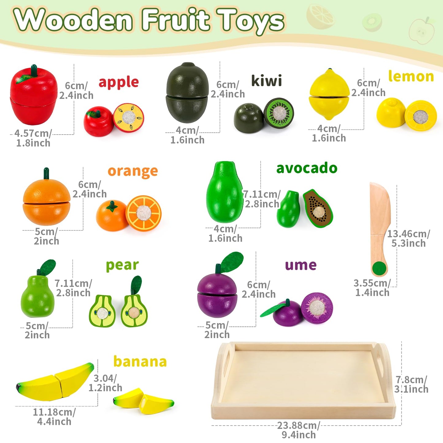 Fajiabao Wooden Play Food for Kids Kitchen Montessori Toys for 2 Year Old Girls & Boys Wood Cutting Fruit Set with Tray Fine Motor Skills Educational Toddler Gifts 2 3 4 5 6