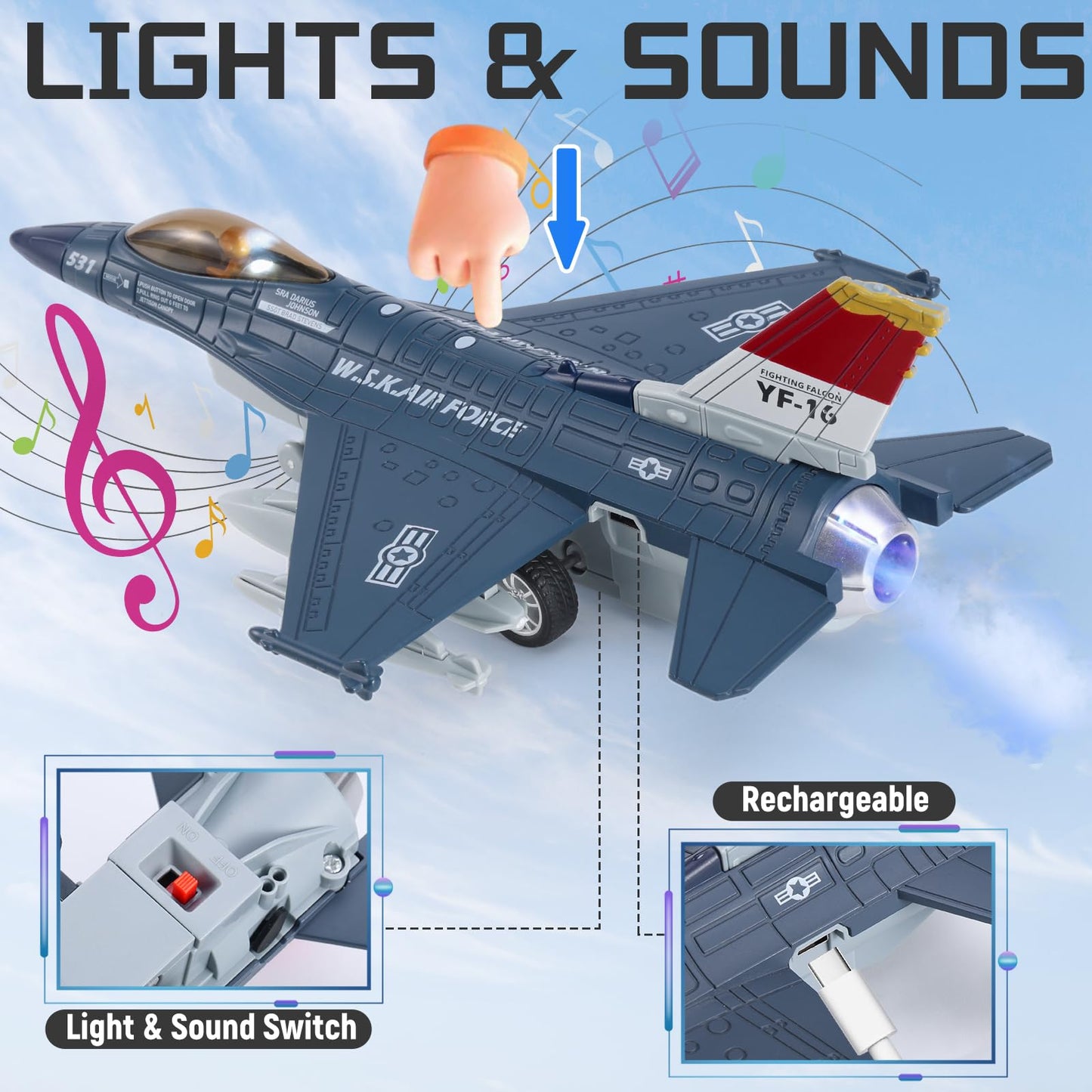 Crelloci Diecast Metal Alloy Fighter Jet Military Airplane Toy with Mist Spray, Lights & Sounds, Pull Back Function Army Air Force Aircraft for Kids, Toddlers Ages 3+, Gift for Boys Girls (Blue)